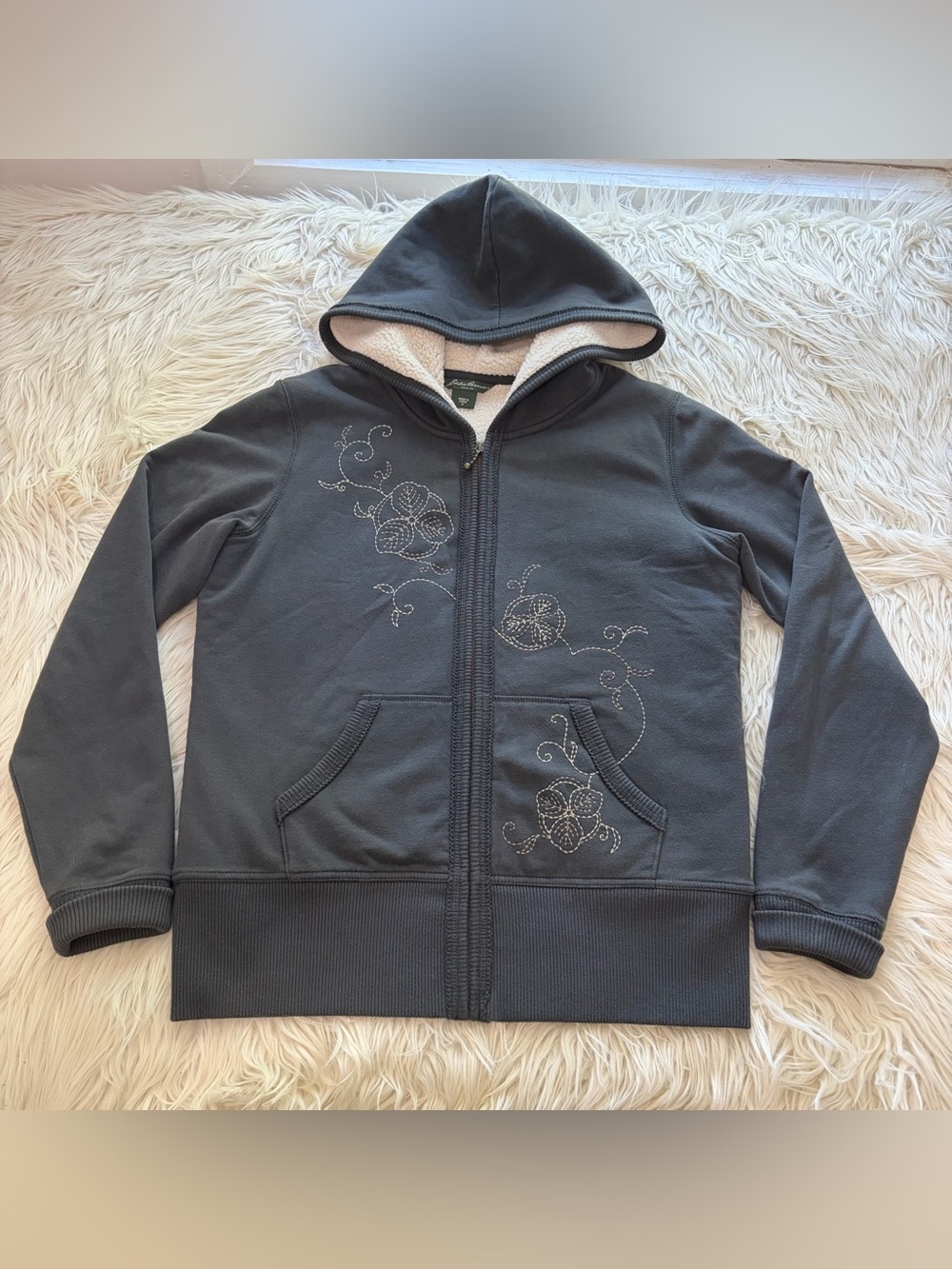 Eddie Bauer Hoodie Sherpa Fleece Lined Floral Embroidered Full Zip Womens Size M